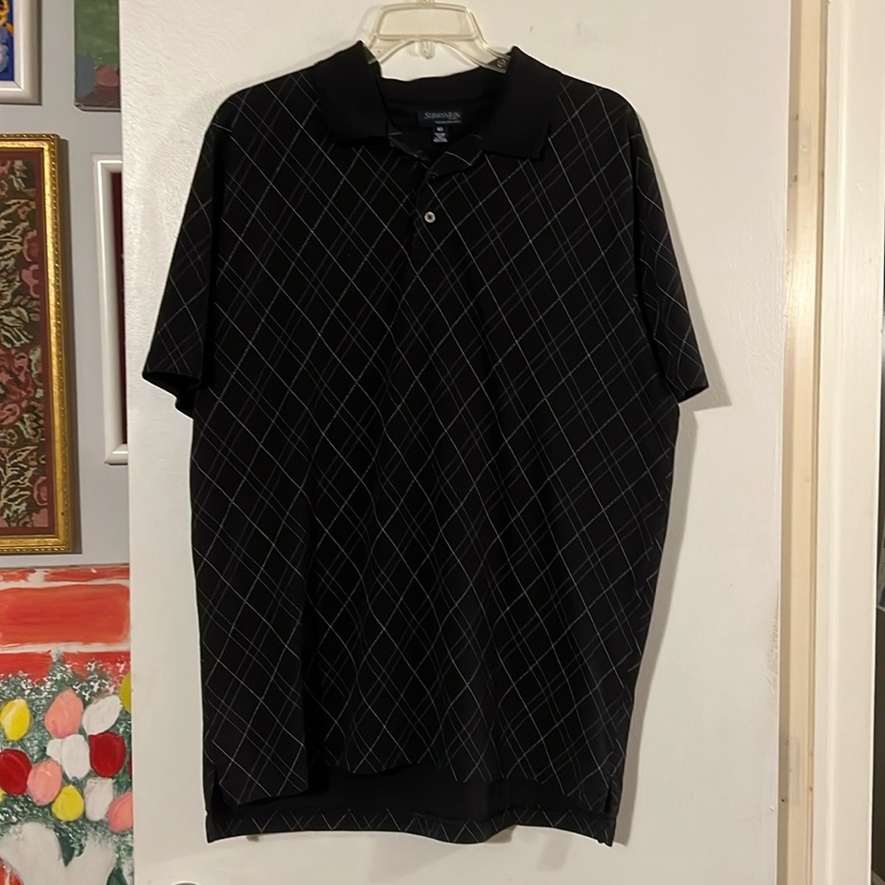 St. John’s Bay premium quick dry black w/gray and white diamond polo